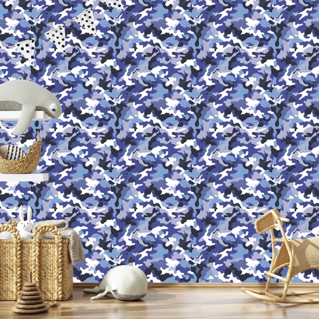 Military Camouflage Wallpaper Blue and Navy for Living Room and Bedroom 50x1000
