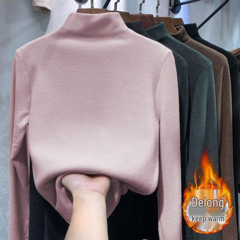 Women's Slim Fit High Neck Plush Long Sleeve T-Shirt - Autumn/Winter Versatile Base Layer