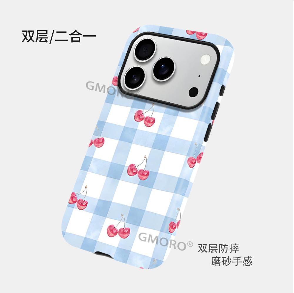 Plaid cherry is suitable for iPhone17 Apple 16Pro 2-in-1 film anti-drop mobile phone case.