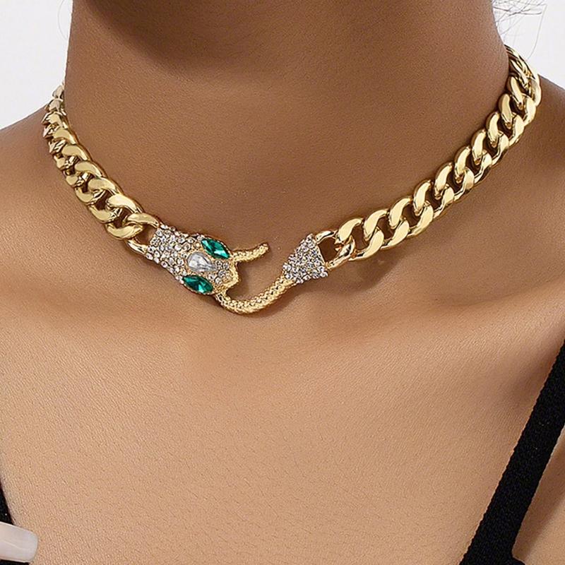Snake Choker Necklace Black Silver Zircon Cuban Link Chain Accessory for Men and Women Cool Vikinged Goth Styles