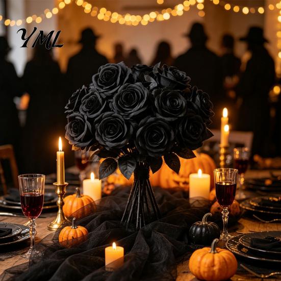 Eleganti Decorazioni da Tavolo Rose Nere Realistiche in Seta con Lunghi Steli per Centrotavola di Matrimonio, Decorazioni Finte per Laurea di Casa di Halloween, Artificiali