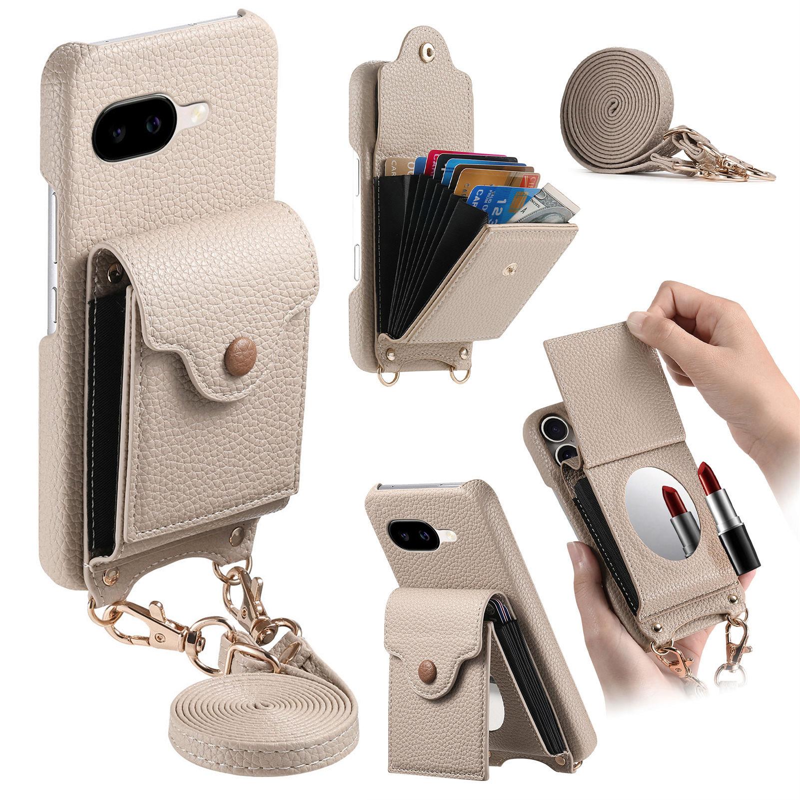 

For Google Pixel 9a Case Mirror Card Holder Litchi Texture Leather Phone Back Cover with Long Strap Khaki Gray