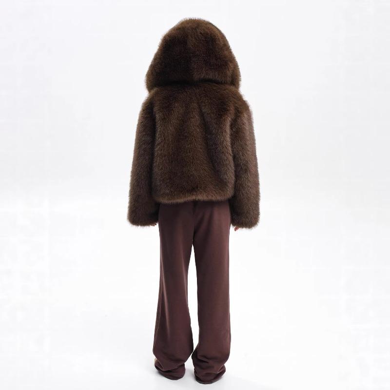 Manteaux Courts Fausse Fourrure Femme Vestes à Capuche Unies Manches Longues Bouton Épais Droits Bureau Dame Décontracté Automne Hiver