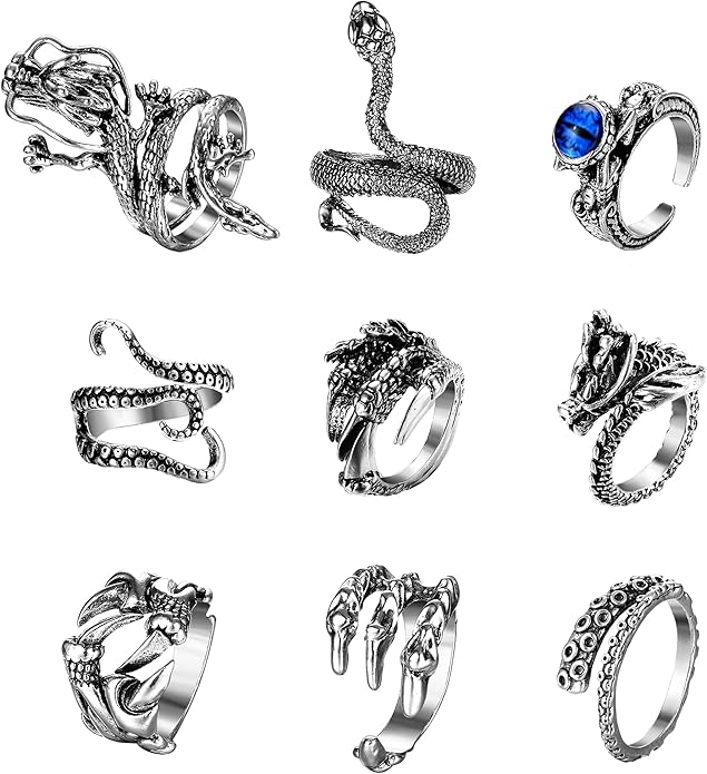 

Bobisty Gothic Rings for Men Women Vintage Punk Dragon Octopus Cobra Snake Skull Ring Open Adjustable Ring Set Jewelry Halloween
