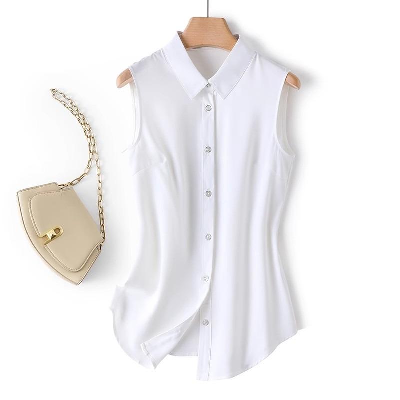 Sleeveless Summer Women Shirt Fashion Casual Loose Top Base Vest Elegant Lapel Office Streetwear Slim Fit Solid Color Blouse Basic Clothing