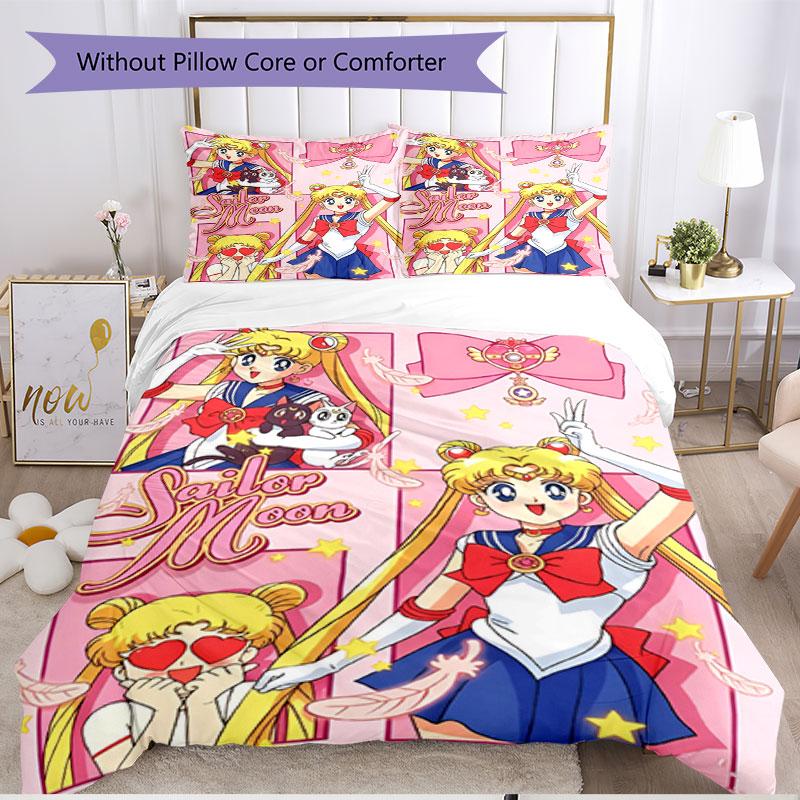 3-teiliges Bettbezug-Set (1 * Bettbezug + 2 * Kissenbezug, ohne Kern), Sailor Moon Druck Weiches Ganzjahres-Bettwäscheset, Heim-Schlafzimmer-Dekoration Geschenk