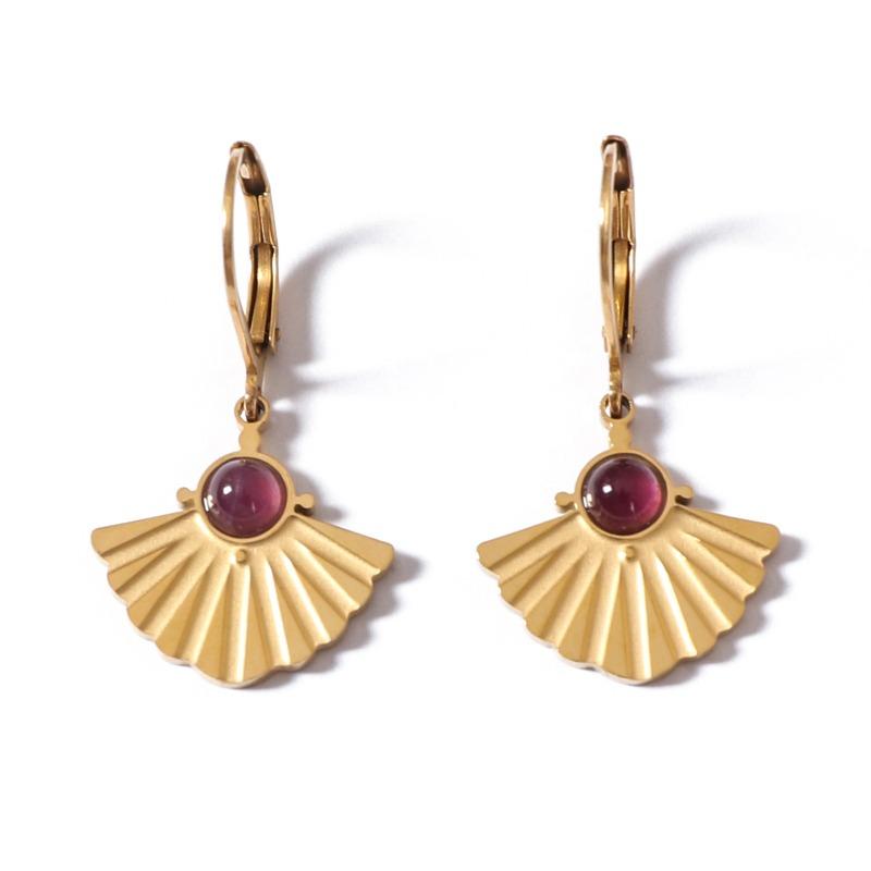 French Retro Fan-shaped Fishtail Earrings for Women Inlaid with Natural Stone Stainless Steel Electroplated Thick Earrings
