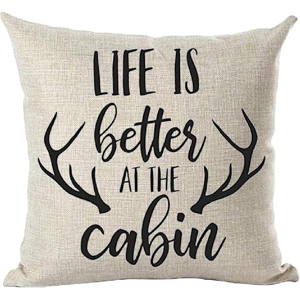 Ramirar Black Word Art Quote Life Is Better At The Cabin Antlers Fall Autumn Inspirational Decorative Throw Pillow Cover Case Home Living Room Bed
