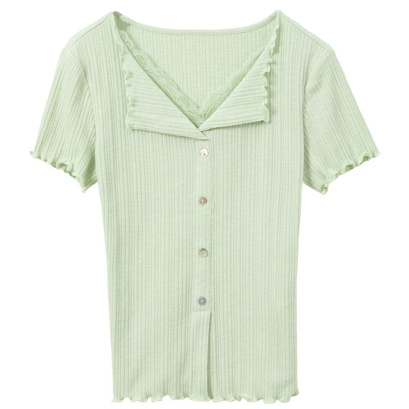 SanCai Women s Lace V-Neck Ruffle Short Sleeve Crop Top M