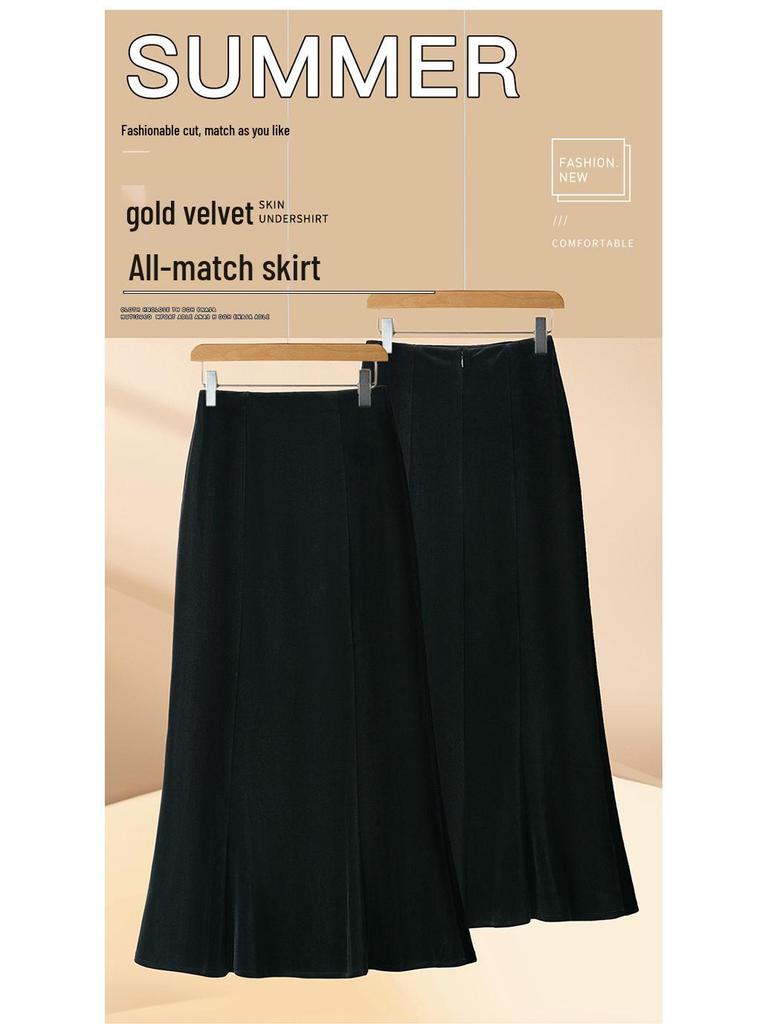Golden Velvet High-Waist A-Line Mermaid Skirt - Women's Autumn/Winter 2025