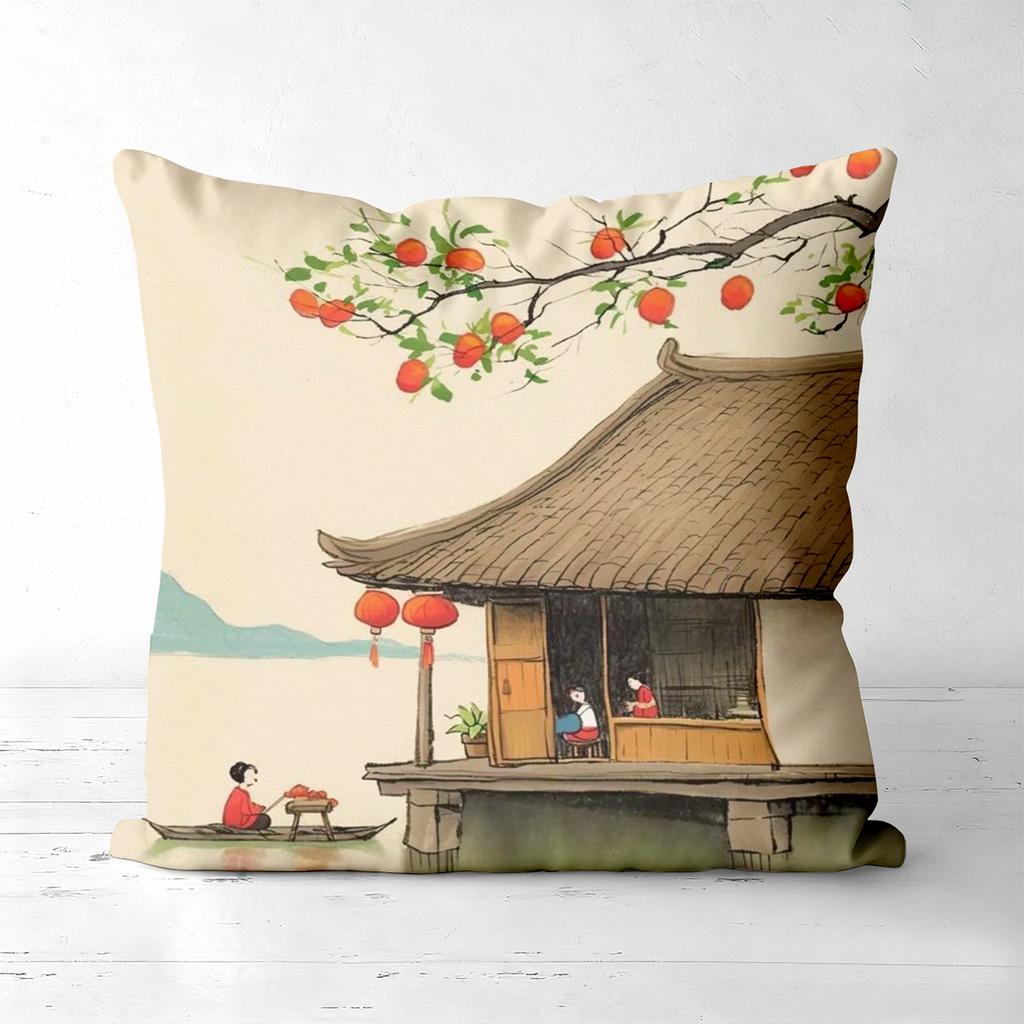 Chinese Style Pillow Covers With Traditional Scenes Polyester Pillowcase, Sofa Decorative Cushion Cov Headboard Pillow