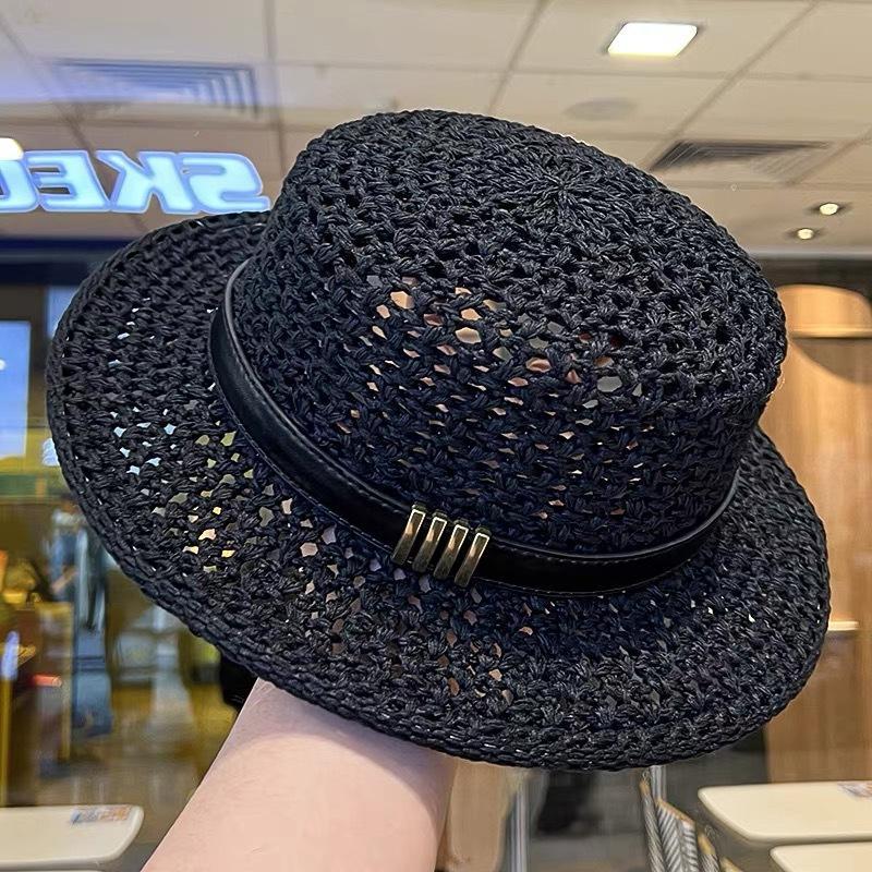 Lightweight Breathable Straw Boater Hat Hollow Out Leather Trim UV Protection Cap for Beach Travel Summer Outdoor Use