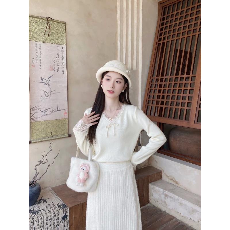 Pink bow-tied bottoming shirt top women's winter inner lace collar design knitted sweater