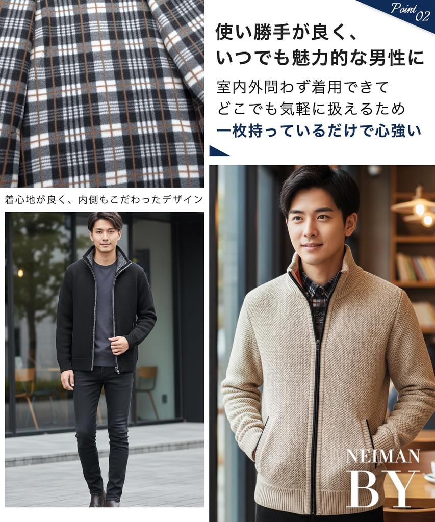 Neiman by Long Sleeve Checked Knit Jacket with Fleece Simple Winter Size M Men's Lining, Zip-Up, Outfit, Black, (5A-N10-BKM)