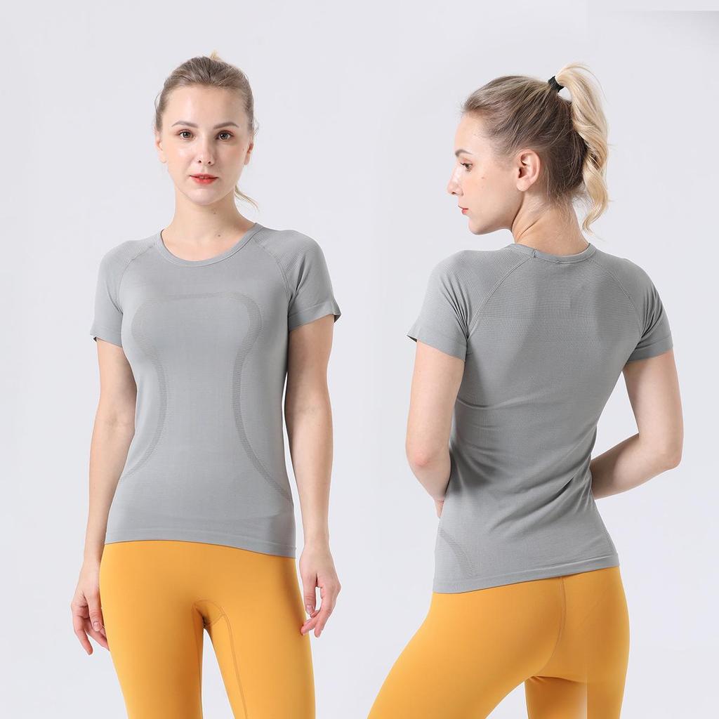 2.0 Evropský a americký jógový top s kulatým výstřihem: Dámský vysoce elastický fitness krátký rukáv
