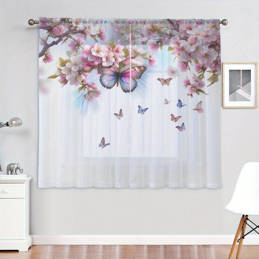 2PCS Digital Print Sheer Curtain, Butterfly Shadows Among Cherry Blossoms Pattern, Elegant Mysterious Japanese Floral Decor