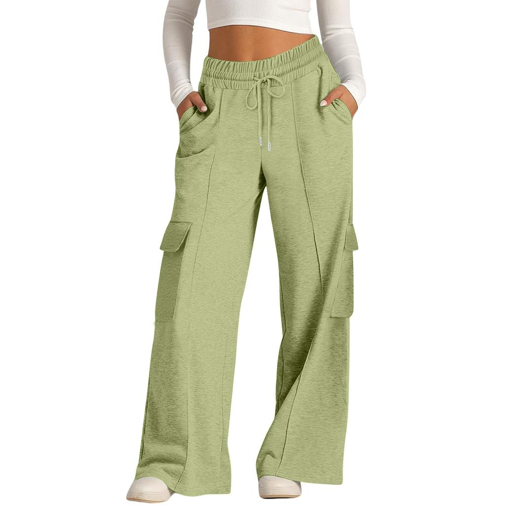 Women's Casual Fashion Color Elastic Waist Drawstring Workwear Wide Leg Pants With Pockets