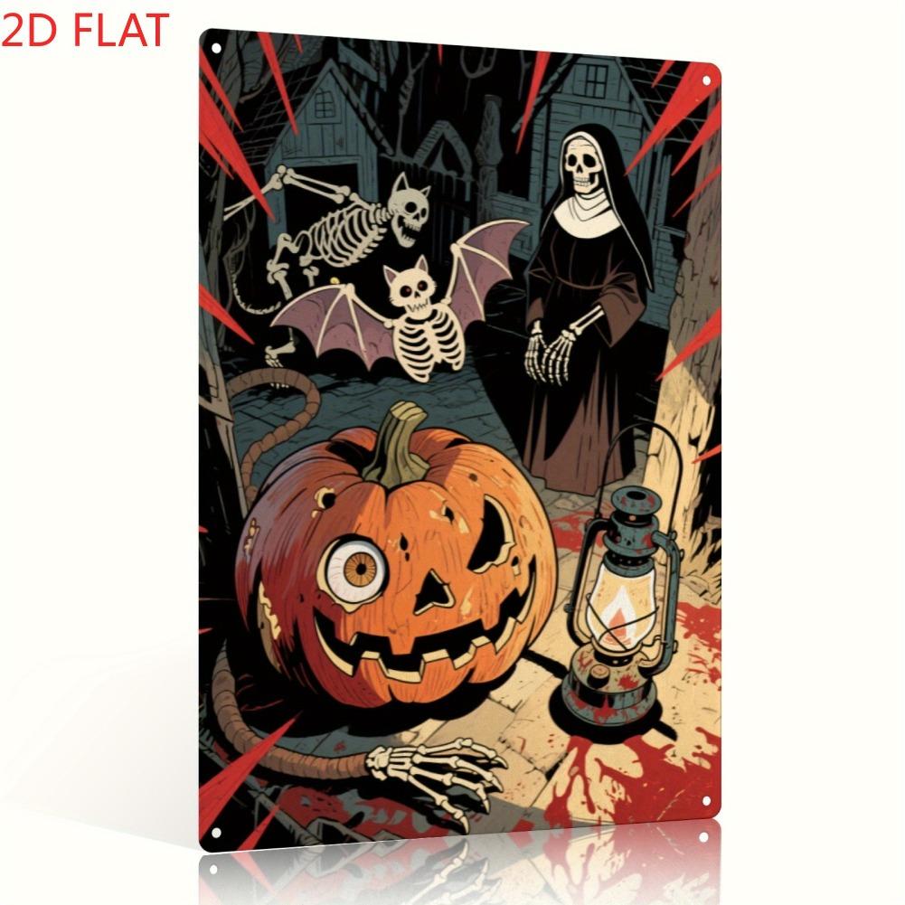 1pc 2D Flat Vintage Halloween Metal Sign - Spooky Iron Decor with Jack-O'-Lantern Blood, Perfect for Bar/Kitchen Holiday Gift