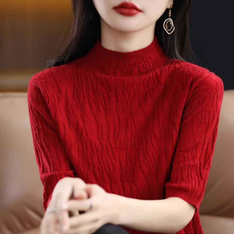 Women's Tight Fitting Knitted Turtleneck Sweater with Short Sleeves for Spring Autumn Versatile Undergarment