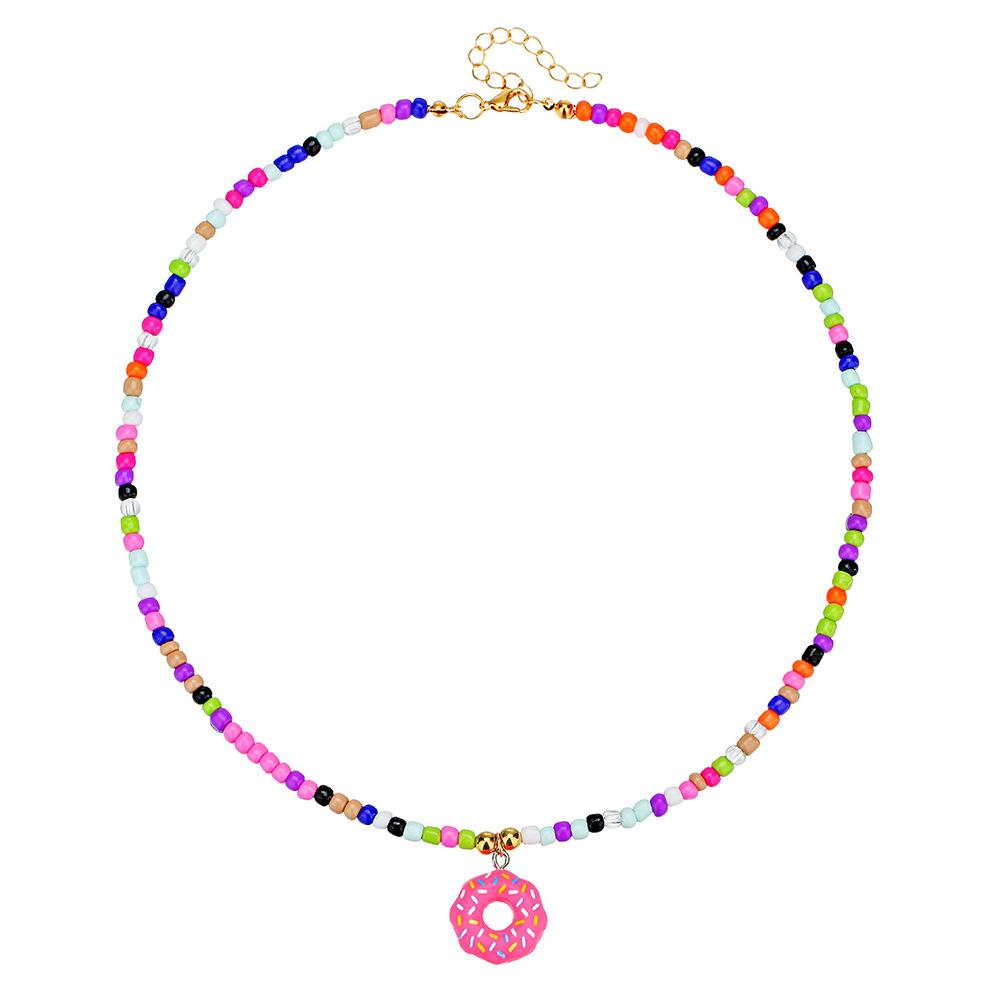 Color Beaded Cartoon Necklace, Niche Versatile Acrylic Donut Pendant Rice Bead Necklace