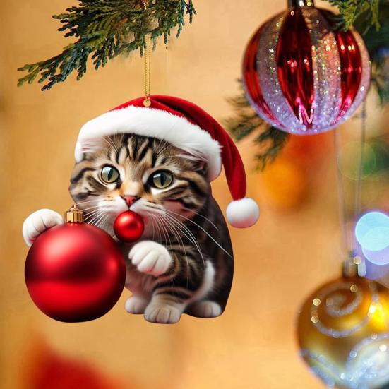 10Pcs Car Rearview Mirror Pendant 2D Acrylic Cat Charm Christmas Tree Ornament Car Interior Accessory