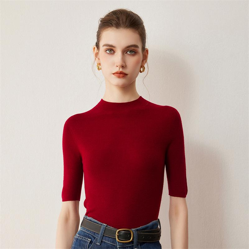 Solid Color Slimming Five-Sleeve Half-High Collar Base Layer Knit Top