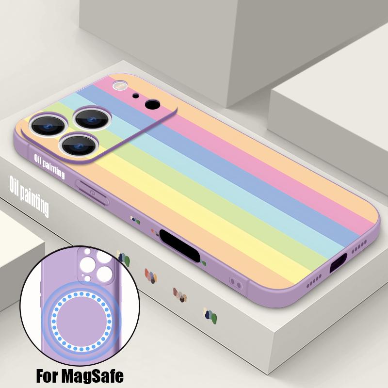 Magnetic For Magsafe Case For iPhone 17 Pro Max Colorful Stripe Dots Print Soft Silicone Phone Back Cover For iPhone 16 15 14 13 Pro Max 16e 17e