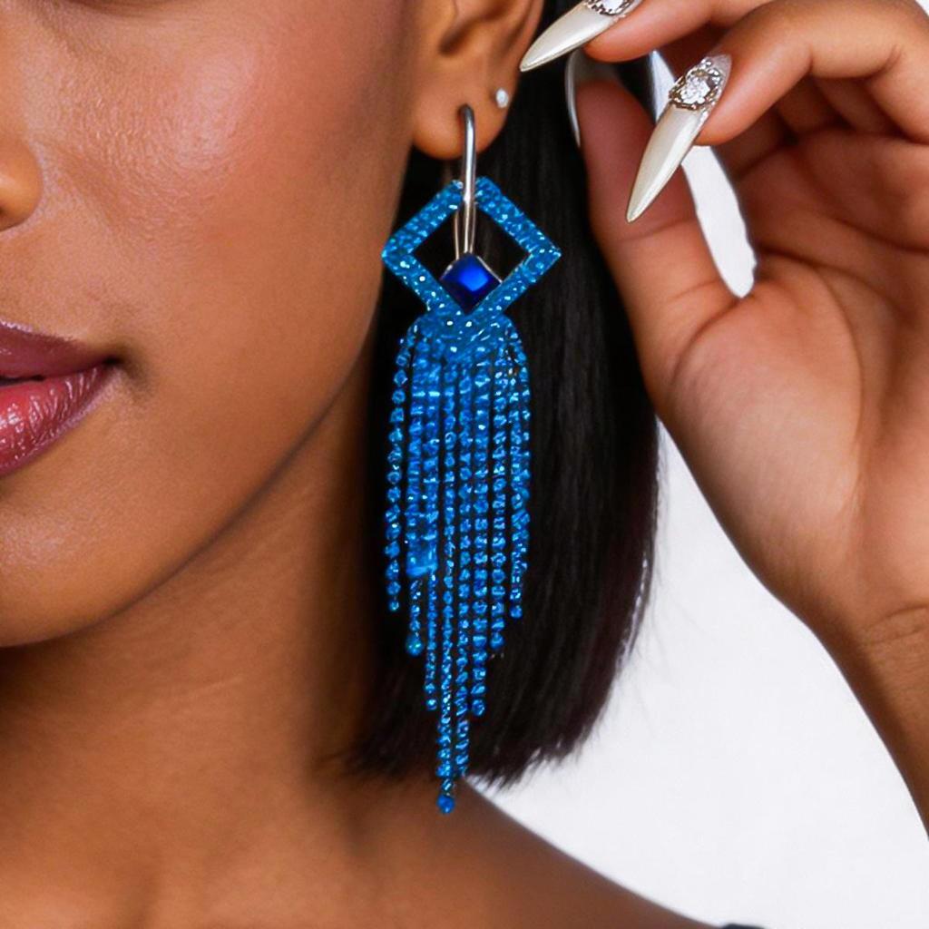 Silver Needle Rhinestone-Inlaid Geometric Tassel Stud Earrings - High-End Light Luxury Style