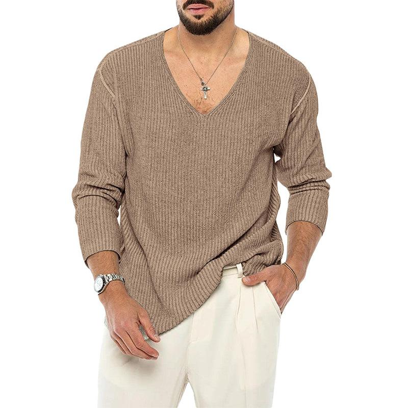 Men's V-neck Solid Color Long Sleeve Fashion Knitted Sweater