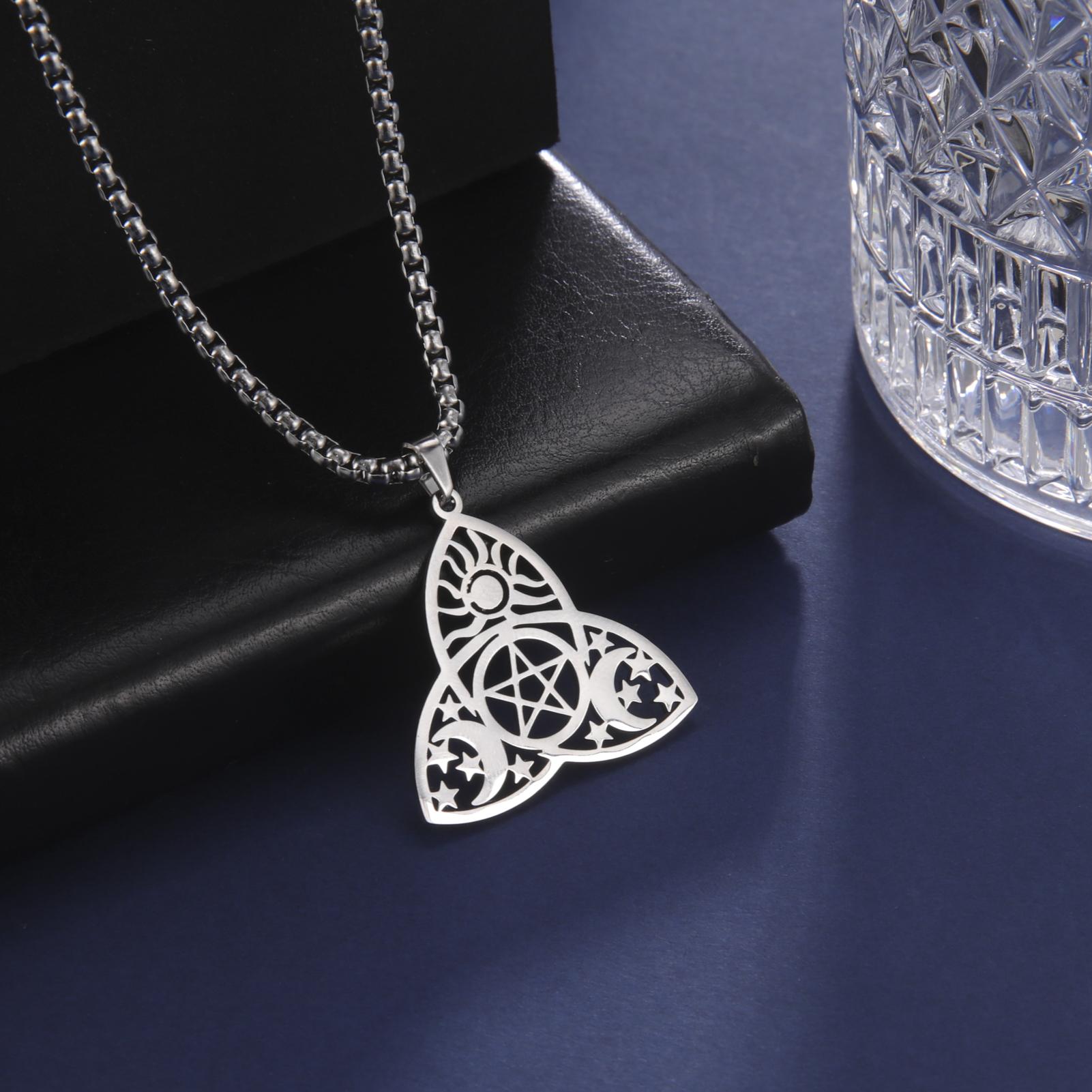 EUEAVAN Viking Witch Celtic Knot Pendant Necklace Stainless Steel Sun Star Moon Triangle Necklaces Protection Amulet Jewelry