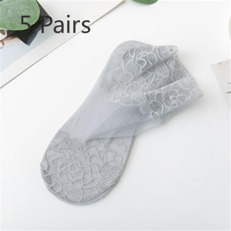 5 Pairs of Women's Summer Solid Color Thin Lace Socks