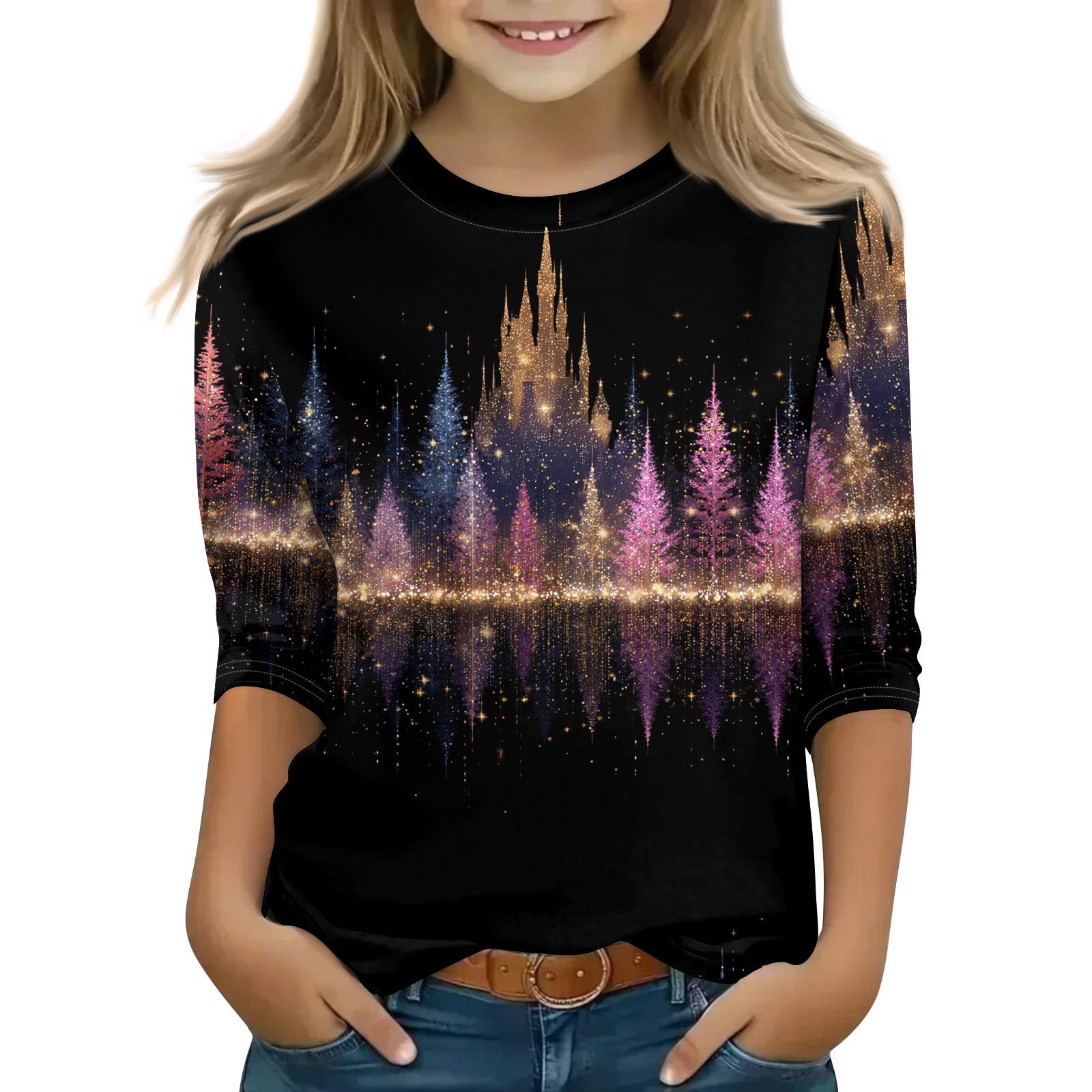 

Christmas Day Print Tops For Youth Girls 4-11 Years Round Neck 3/4 Sleeves T-Shirts Trendy Tops Outfit Tees 110 чорний