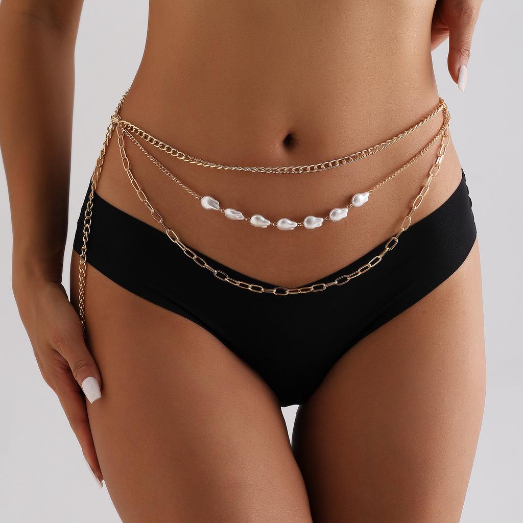 European and American jewelry personalized multi-layer imitation pearl pendant waist chain women's fashion simple multi-layer body chain accessories