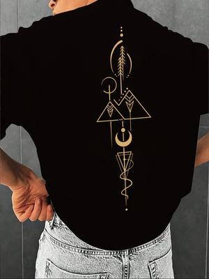 Men'S Geometric Moon Star Print Casual T-Shirt - Summer Short Sleeve Crew Neck Golden Pattern Breathable Regular Style
