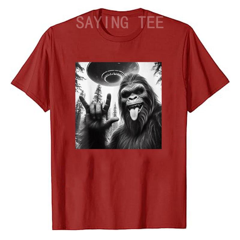 Funny Sasquatch Bigfoot Rock on Selfie with UFO Alien T-Shirt Humorous Father's Day Daddy Gift Short Sleeve Awesome Saying Tee