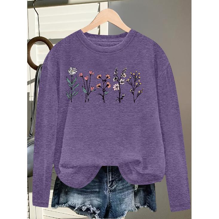 Elegant Long-sleeved Dress for Women Fresh Floral Theme Printed Round-neck Women's Shirt T Shirt Suitable for Spring Wear Summer Autumn