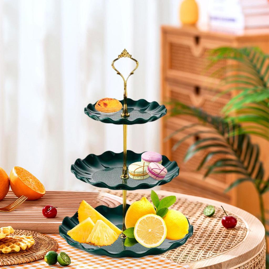 3 Katlı Pasta Standı Servis Tepsisi Kozmetik Restoran Kekleri Sergileme Tabağı Koyu Yeşil