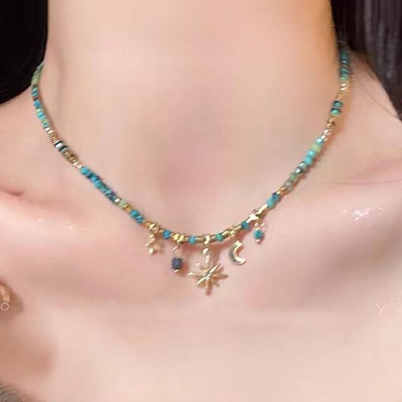 Vintage Natural Stone Beaded Bracelets Metal Star Pendant Necklace Bohemian Charm Jewelry Beads Texture for Women
