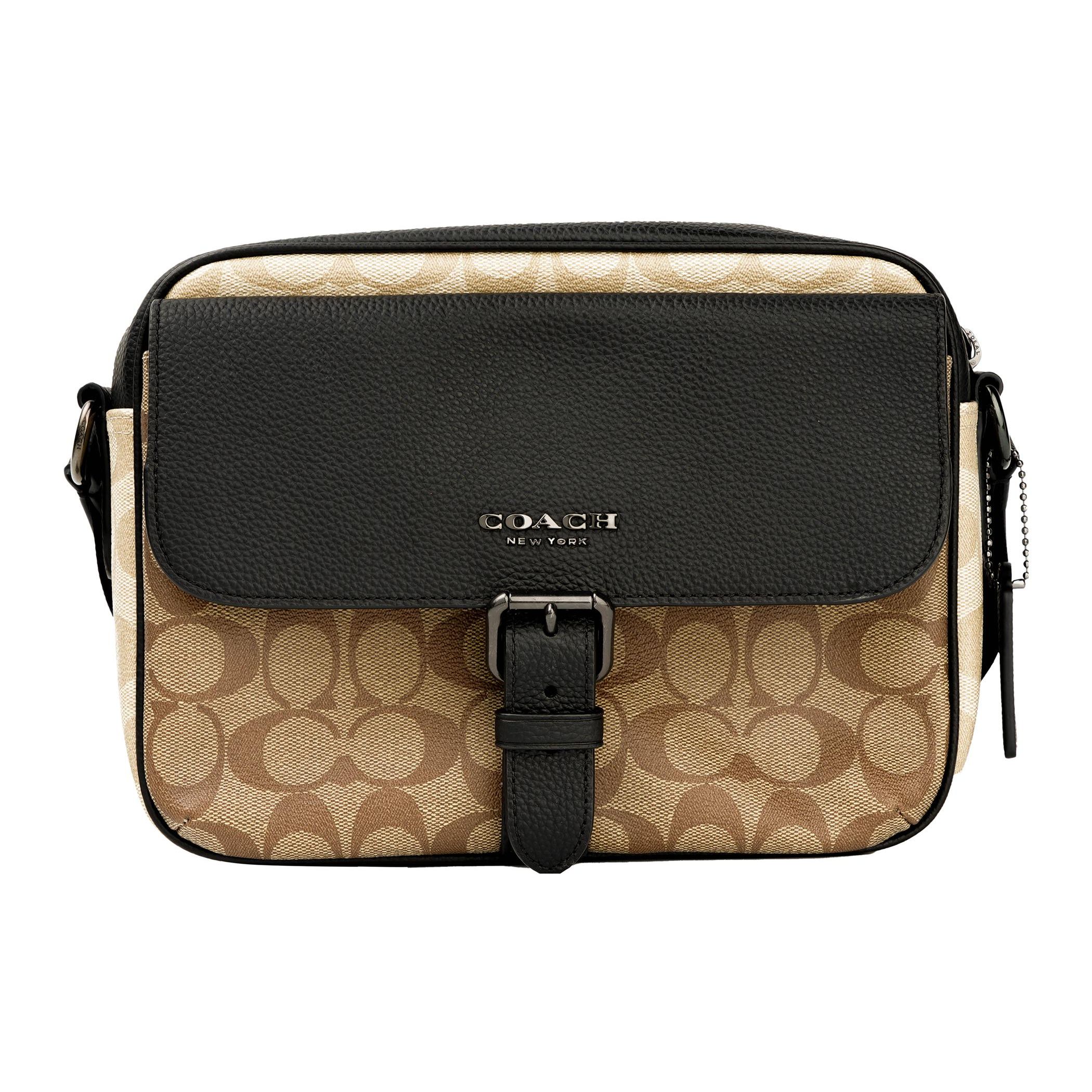 

Coach Hudson 23 Classic Monogram Zipper Closure Flap Bag Coated Canvas And Natural Goose Soft Stone Grain Leather Crossbody Bag Small C6080-QBT5K Basic Set (Bag+Dust Bag)
