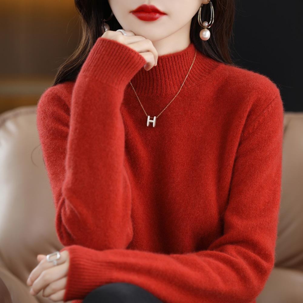 Autumn Winter Sweater Women Half High Neck Long Sleeve Top Loose Slim Versatile Pullover Knitwear Casual Knitted Jumper