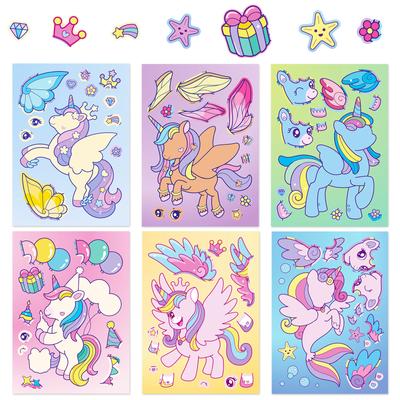 6Sheets Rainbow Horse Children DIY Puzzle Sticker Unicorn Face Funny Assemble Jigsaw Stickers Kids Educational Toys