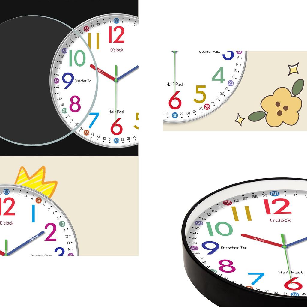 Educational Silent Wall Clock, Colorful Numbers, HD Glass, 25cm, Silent Design, Suitable for Bedrooms and Offices, with Accurate Timekeeping Function
