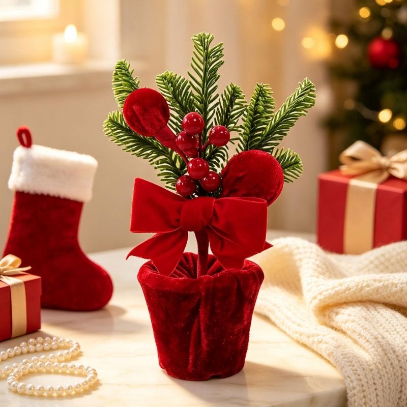 Christmas Shelf Ornament Fabric Potted Plant Table Decoration for Entryway Tables, Desk Styling and Holiday Dining Rooms Home