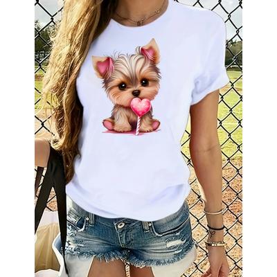 2025 Hot Selling Puppy Print Round Neck T-shirt Spring/Summer Casual Short Sleeved Top Women's Clothing