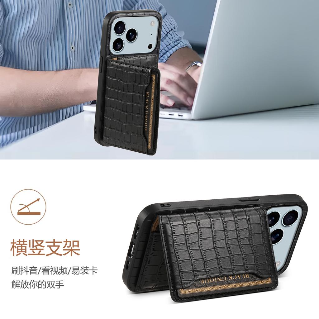 For iPhone 17 Pro Max Case Card Holder Kickstand Crocodile Texture Leather Back Phone Cover