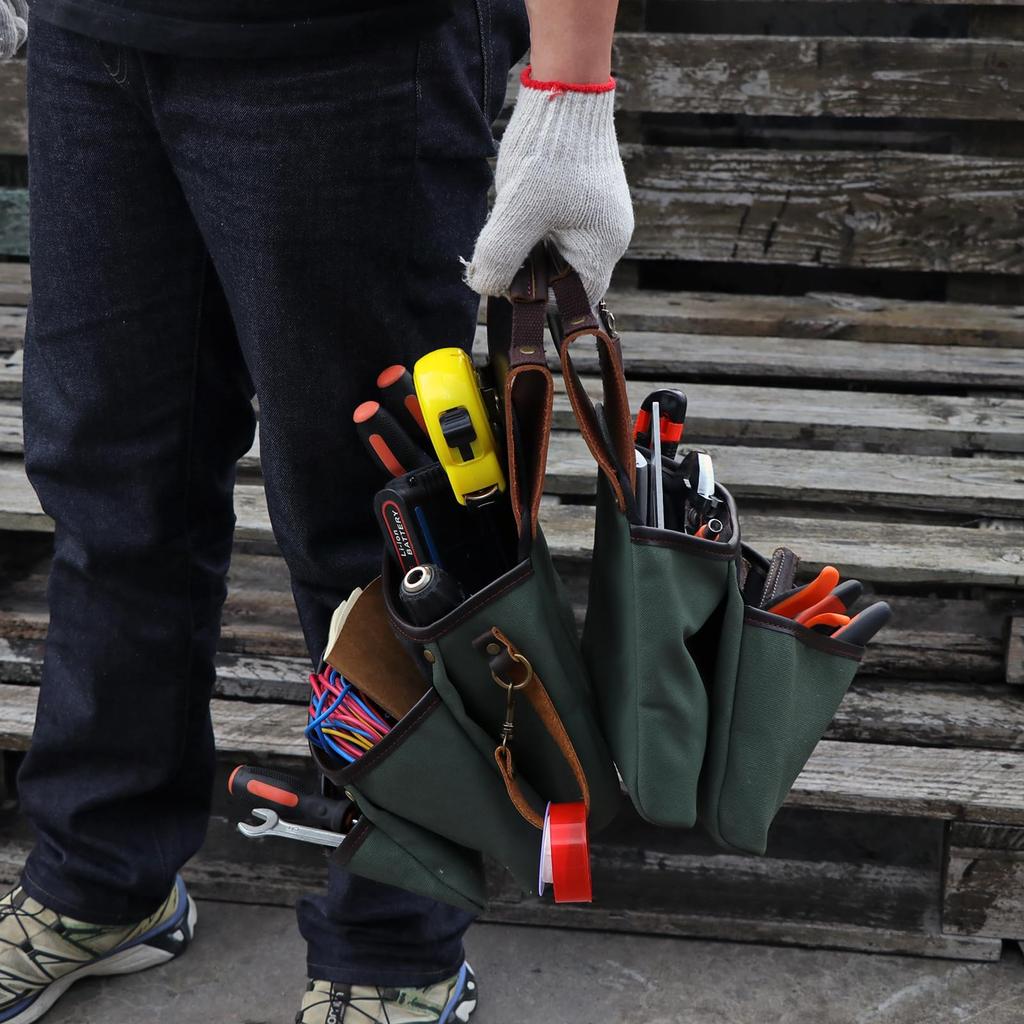TOURBON Tool Belt, Large Capacity Tool Pouch, with Belt, Canvas and Leather, for Construction Site Work, Electrical Work, DIY, Repairs