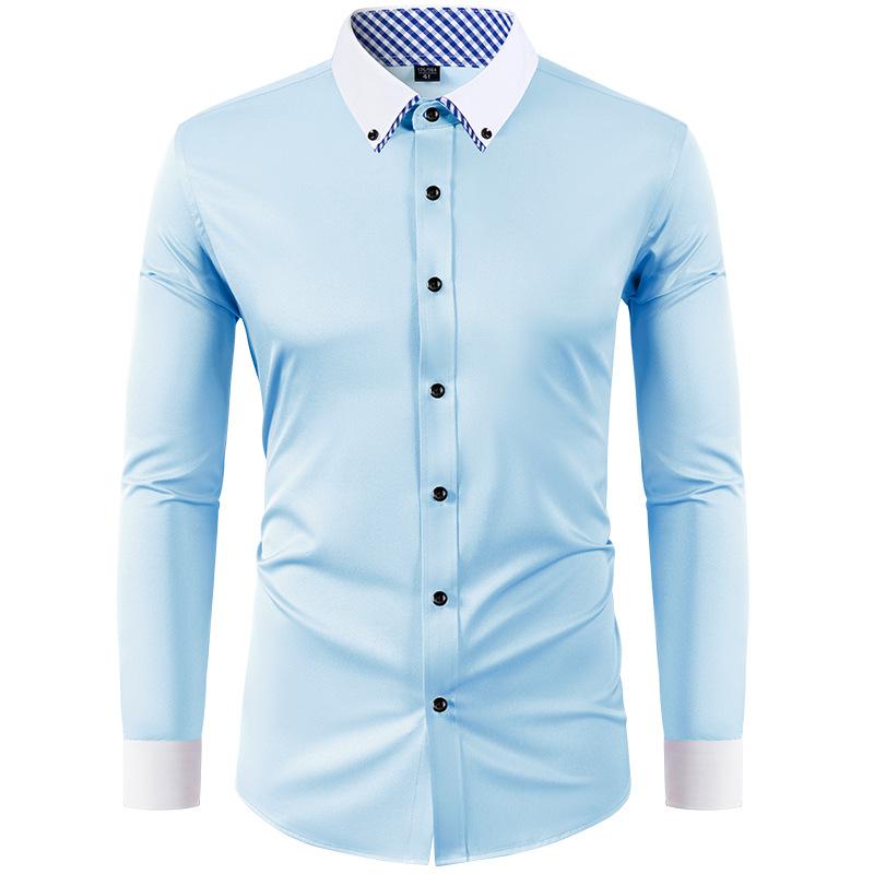 Men S Slim Fit Color Block Collar Long Sleeve Cotton Shirt