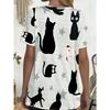 Women's Large Size Loose T-Shirt with Pockets - Full Body Black Cat and Star Print Round Neck Casual Summer Top