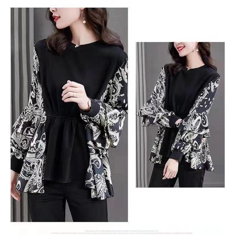 Autumn Long-sleeved Women's Tops Round Neck Printed Fashionable Middle-aged Plus Size Bottoming Shirts for Women