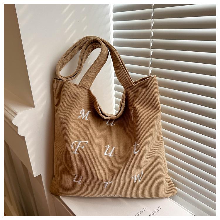Korean Corduroy Embroidered Tote Bag for Students - Artistic Autumn/Winter Design